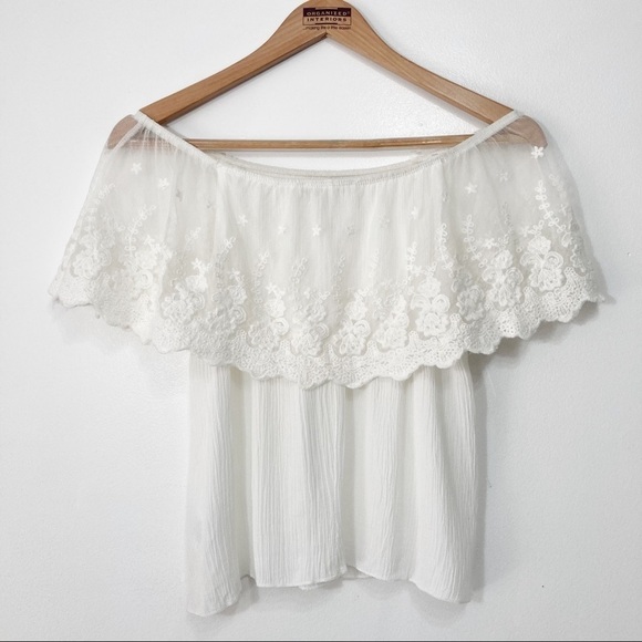 Suzy Shier Ivory Boho Off Shoulder Lace Top Size XS - Picture 2 of 13